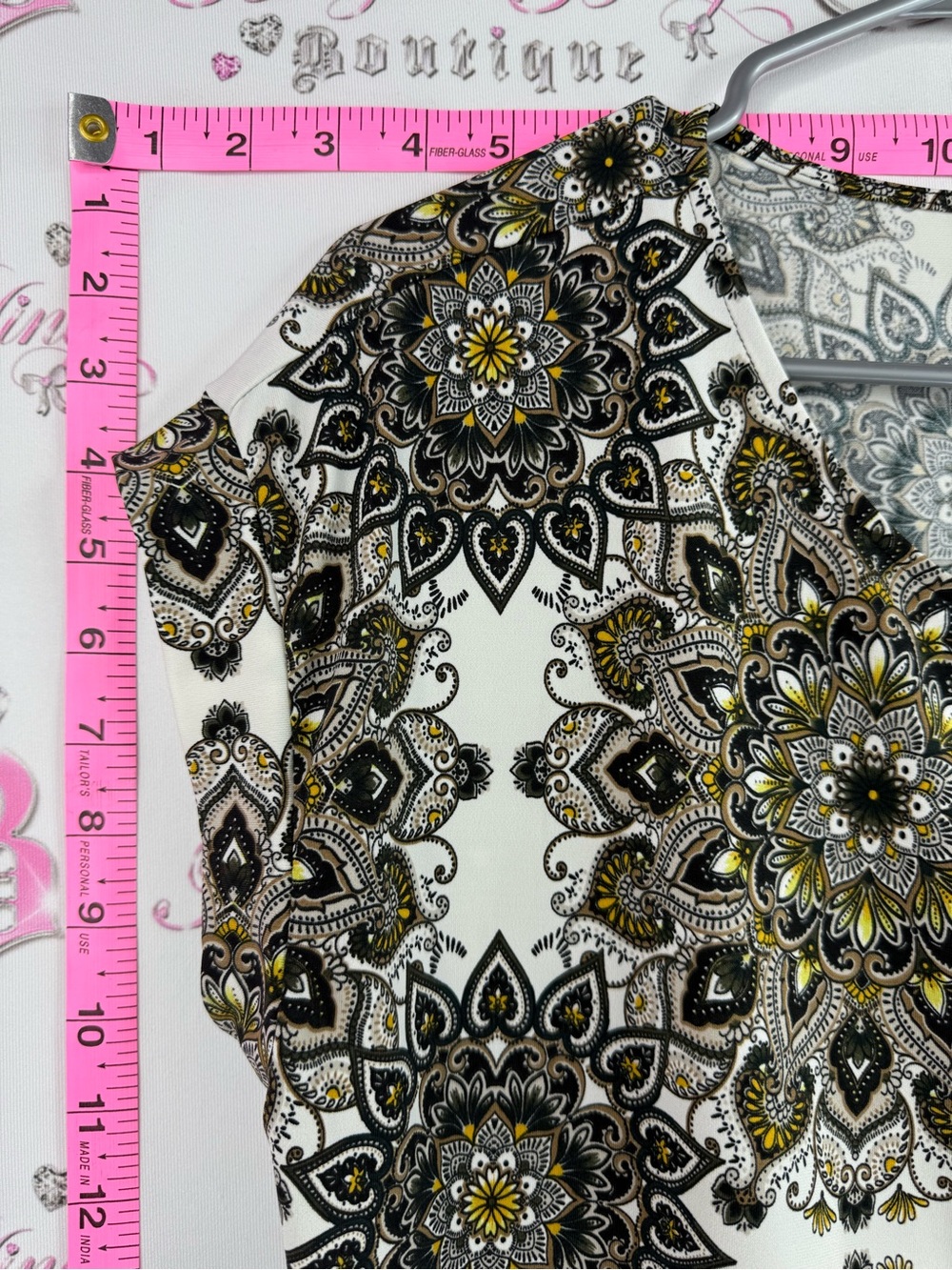 cleo tshirt White Floral Medallion Cap-Sleeve Top with Black & Gold Accents - Picture 3 of 9